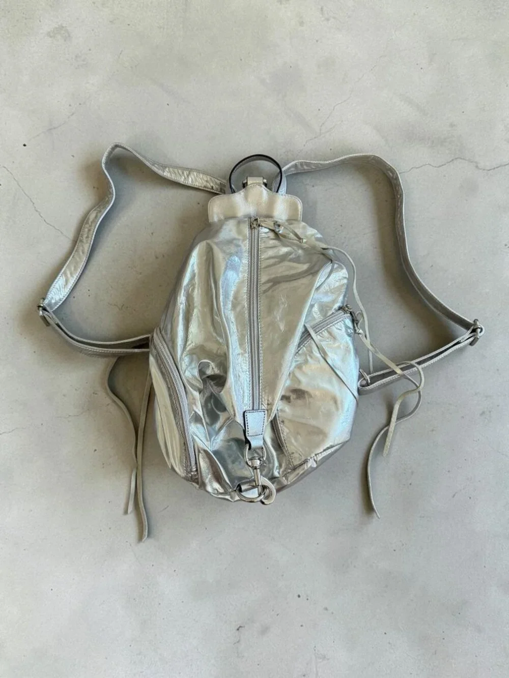 REBECCA MINKOFF Silver Metallic Zip Backpack